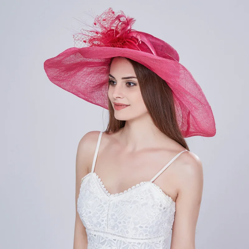 2024 Custom Fashion Women Lady Sinamay Wide Brim Church Hat Kentucky Derby Dress Hat Flower Tea Party Wedding White Hat