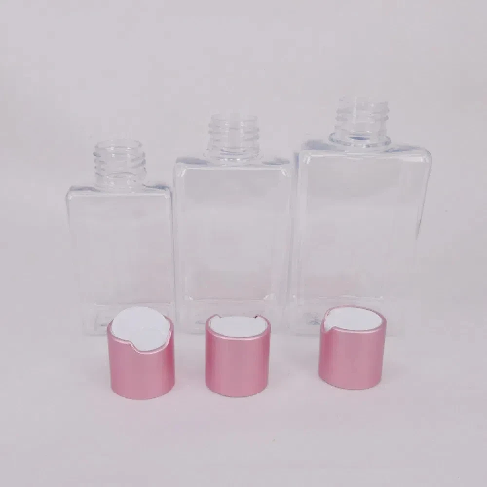 Silver Flip Cap Top 100ml 150ml 200ml Square Shape Transparent Plastic Bottles With Rose Gold Pink Disc Cover Aluminum Cap