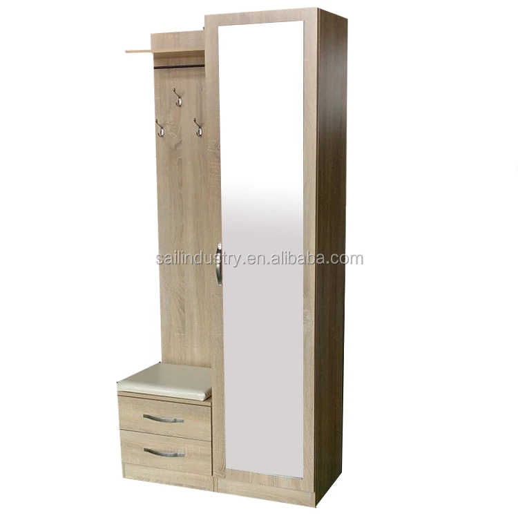 home simple design wood mirror shoe cabinet with 2 drawer