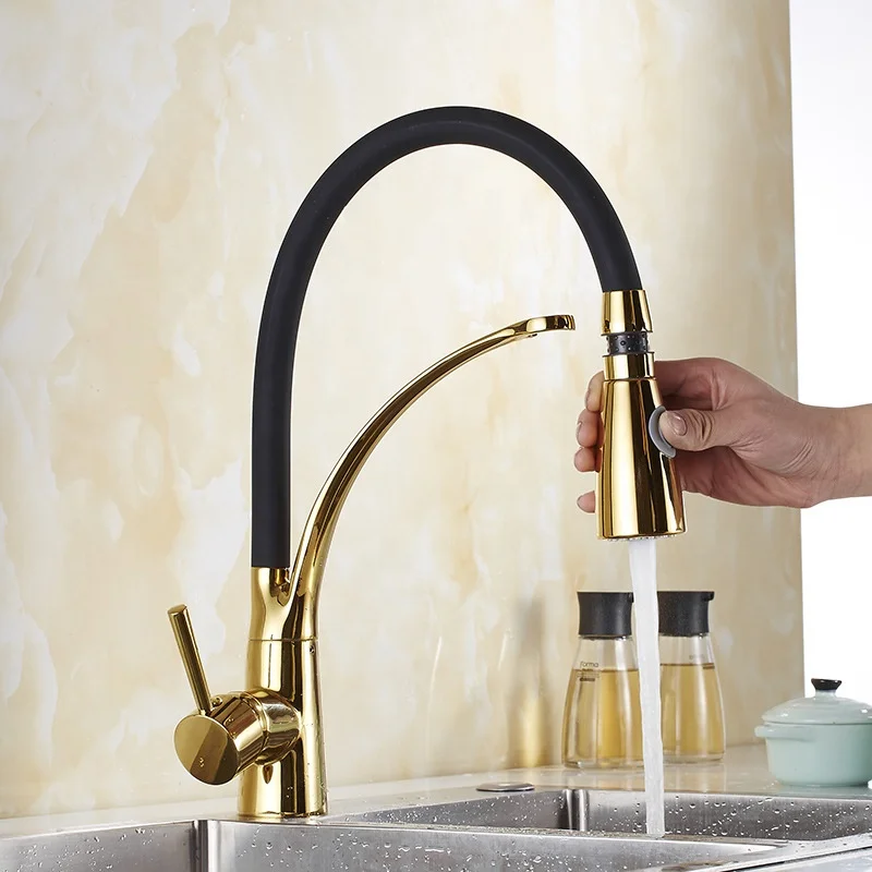 Luxury Brass Deck Mounted Gold Plated Kitchen Sink Faucet Taps Pull Out Single Handle Golden Kitchen Mixers GF1500