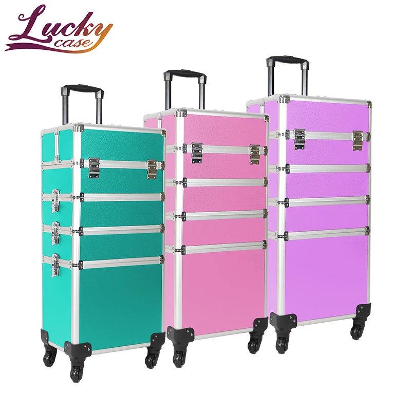 universal wheel 4 in 1 professional aluminum makeup train box detachable cosmetics cosmetic case with shoulder strap