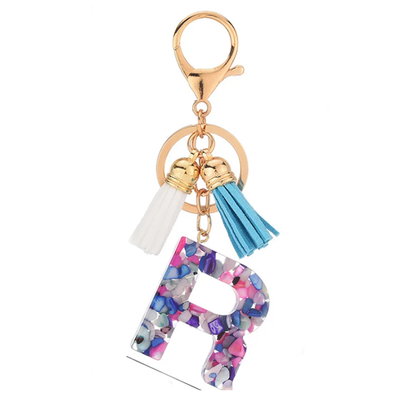 
Leather Tassel Acrylic Key Chain Letter Colorful Real Stone Alphabet Resin Initial 26 Letters for Women Bag Key Ring 1004 