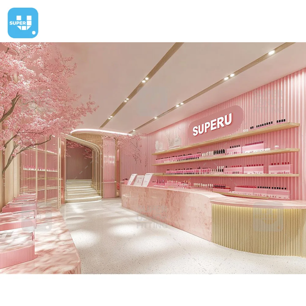 Customized Skincare Shop Display Shelf Retail Cosmetic Store Fixture Decor Makeup Furniture Perfume Shop Counter Interior Design