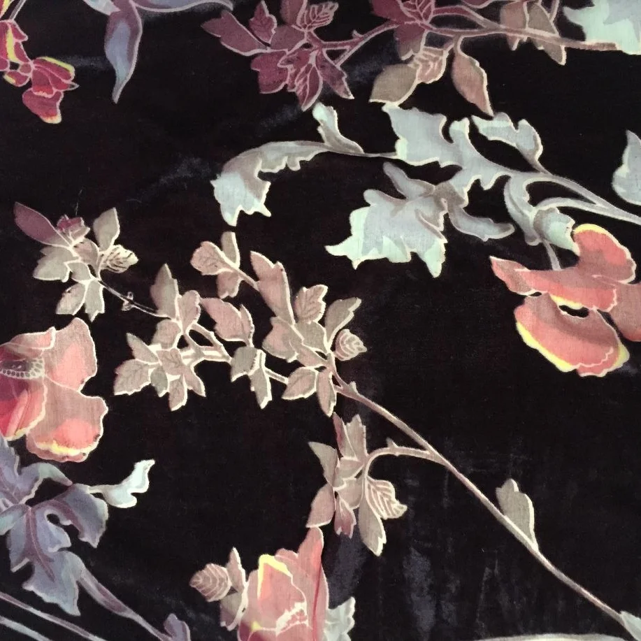 Hejin Manufacturer Custom High Quality Black Flower Stretch Printed Comfortable Woven Nylon Burnout Velvet Fabric for Clothing