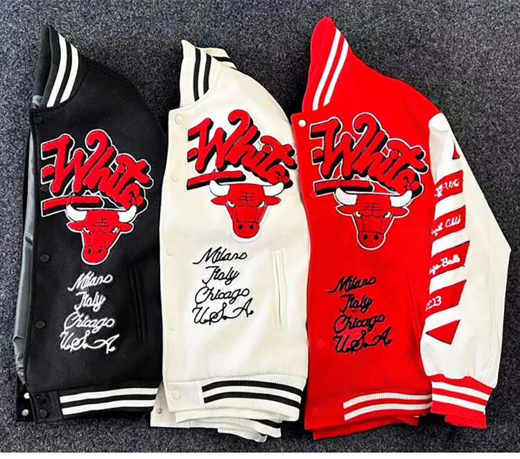 Casual Winter Wear and Rib Thick Woolen Letterman Stand Collar Varsity Jackets with Leather Sleeves