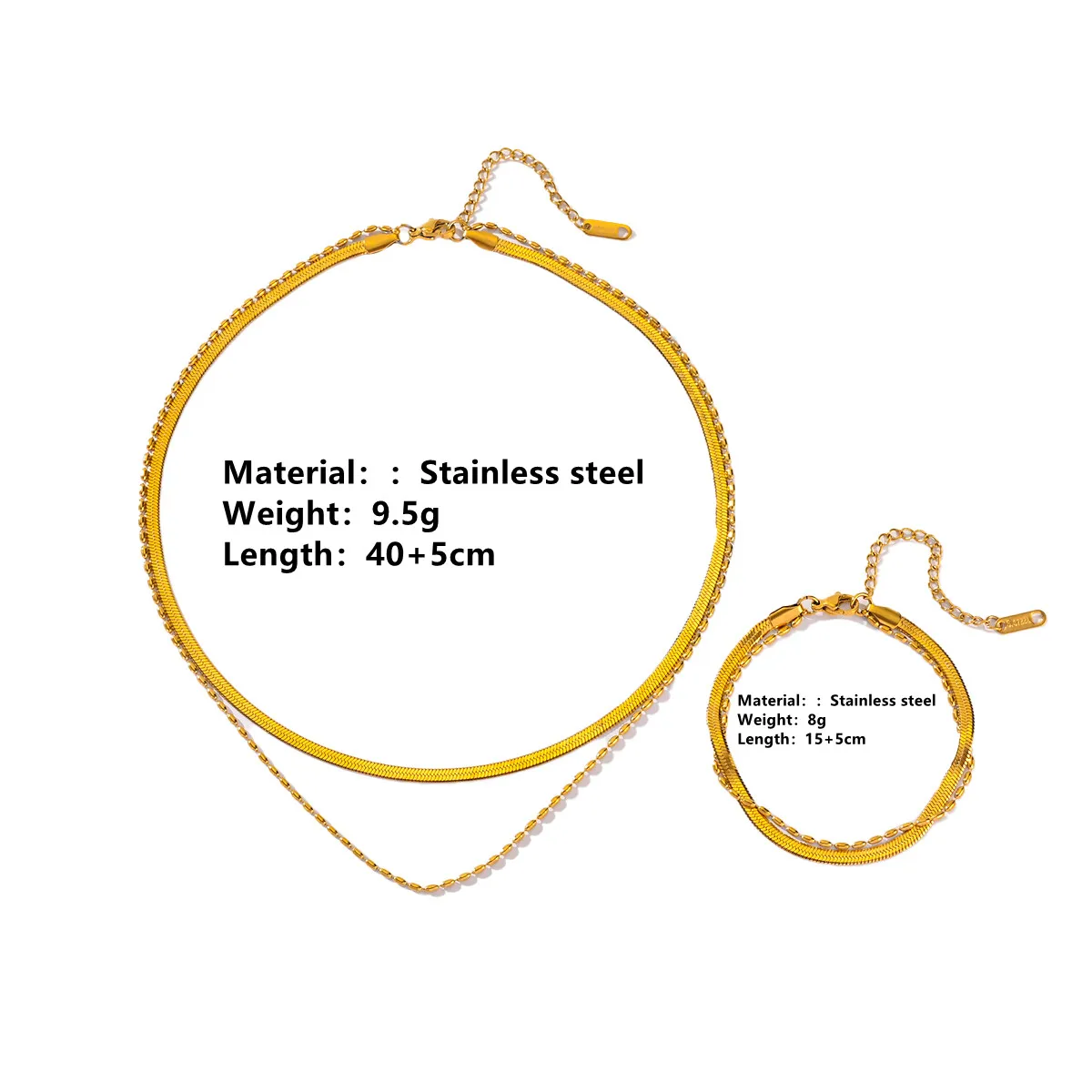 18K Gold Plated Stainless Steel Snake Chain Bracelet Set Fashion Jewelry Small Rice Beads Double Layer Flat Bracelets