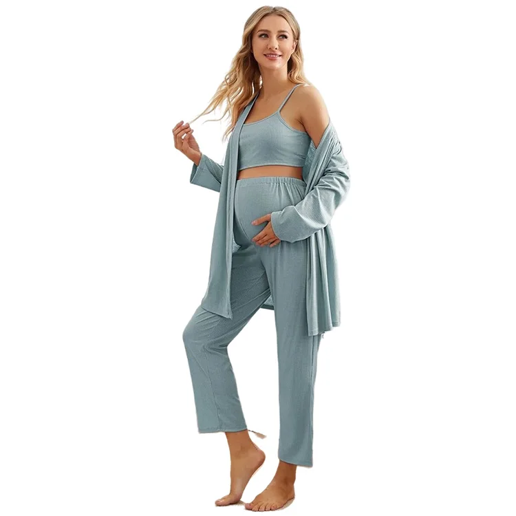 Maternity Nursing 3 Pack Solid Rib knit Button Robe Set Pregnant Women Pajama Set