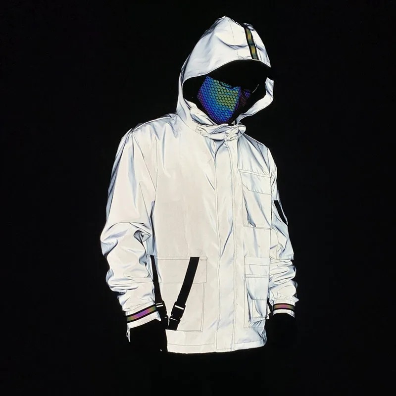 men blank silver gray zipper up hi viz hip hop light reflective waterproof windbreak hooded jacket coat windbreaker pullover