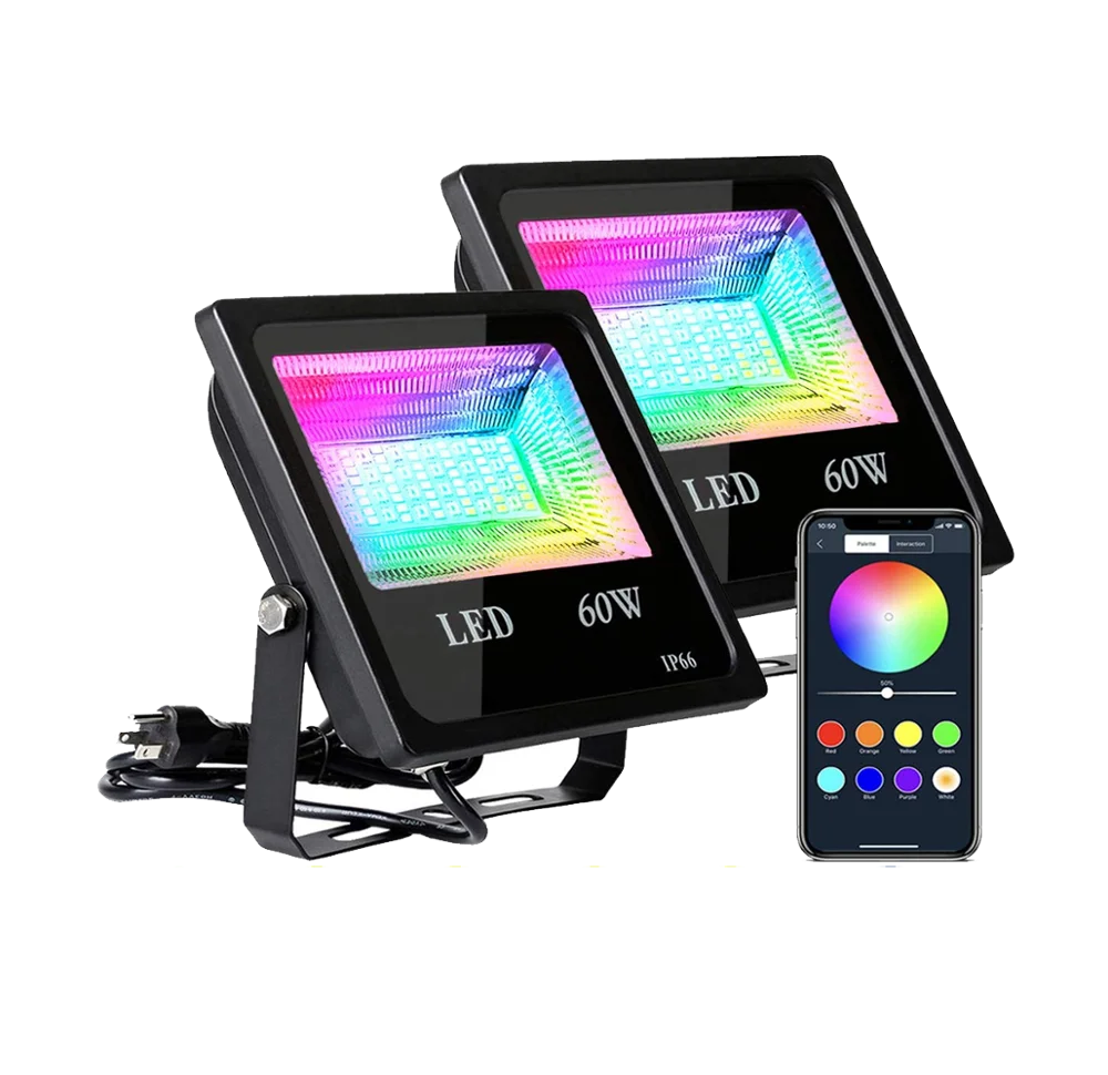 
60W RGB color changeable solar outdoor remote control flood light pir motion sensor app control DC AC garden light 