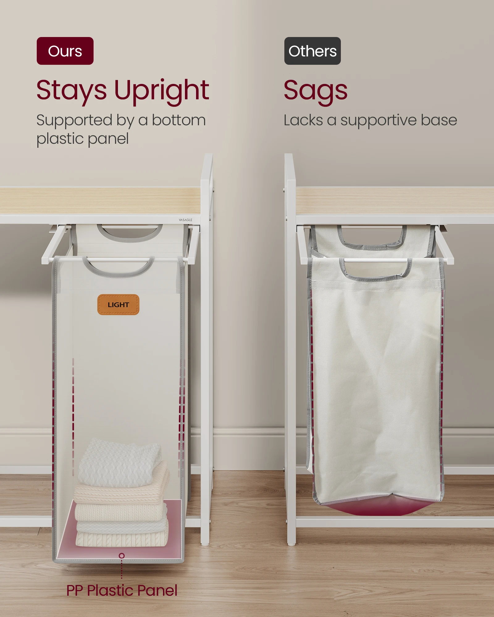 VASAGLE Laundry Trolley with Shelf 6 Labels 3 Compartments Laundry Hamper with Small Side Pockets Laundry Basket