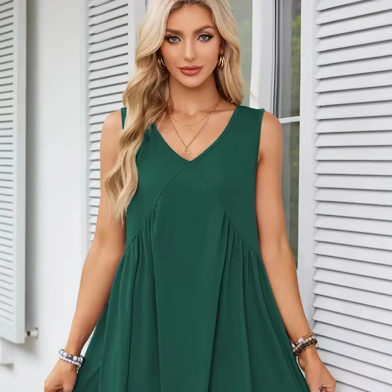 Оптовая цена 2024 Новое модельное женское платье модное без рукавов с V-образным вырезом дышащее однотонное Хлопковое