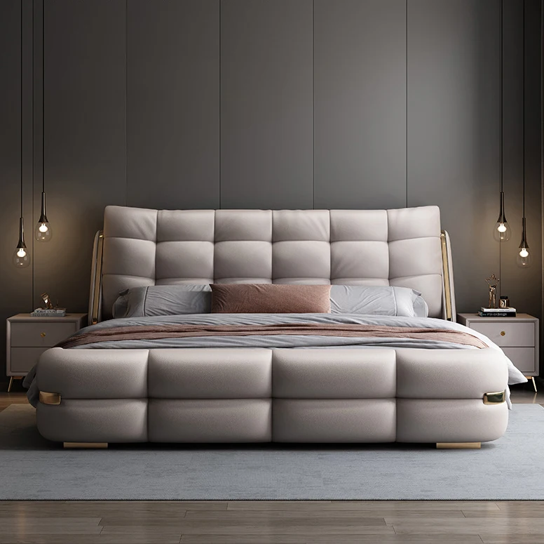 Modern Luxury Real Leather Beds Italian Tufted Headboard King Platform With Storage Bed Frame Bedroom Furniture 355