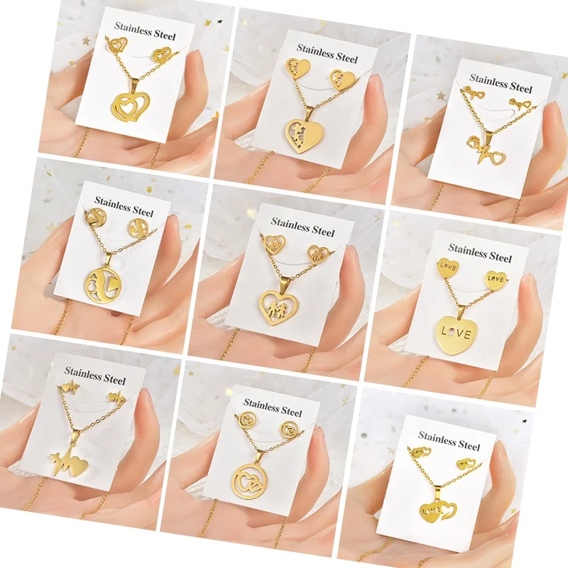 Kids Cartoon Jewelry Sets Women Little Girls Stainless Steel Gold Heart Necklace and Earrings Set