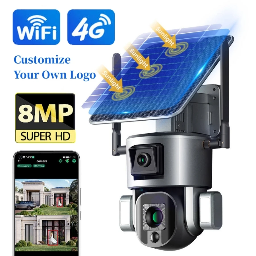 8MP 4K HD 4X 10X Zoom Wireless Outdoor Solar Powered Security IP Human Track Dual Lens CCTV WiFi 4G SIM Card Solar PTZ Camera
