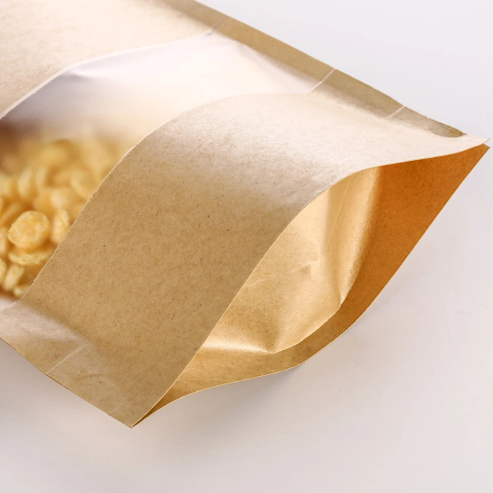 Stock Resealable Smell Proof Kraft Paper Bags with Logo for Food Sealed Embalagem Standup Pouch Zipper Kraft Bags with Window