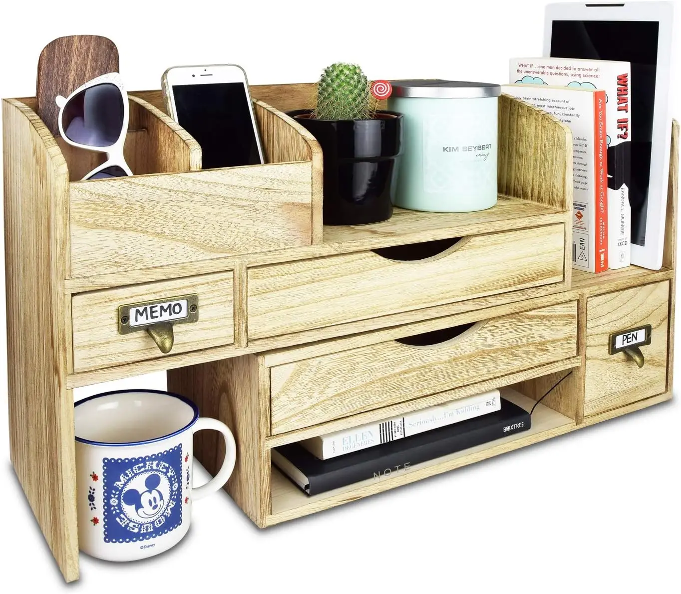 Large Extendable Wooden Desktop Organizer for Office Supplies Storage Shelf Rack Book Shelf Stationary Compartment Holder