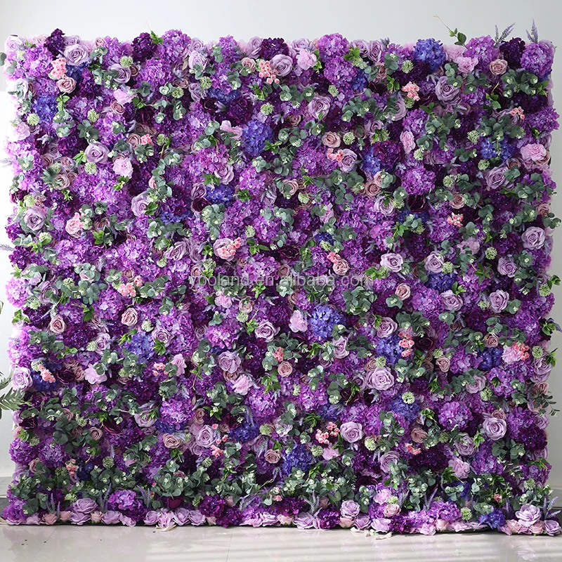 Lavender lilac violet floral wall panel purple 3d roll up cloth artificial silk rose flower wall backdrop for wedding hall decor
