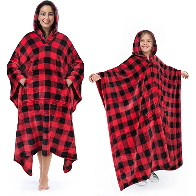 Buffalo Plaid Hooded Poncho Blanket Fleece Wearable Throw Wrap with Hood and Pocket