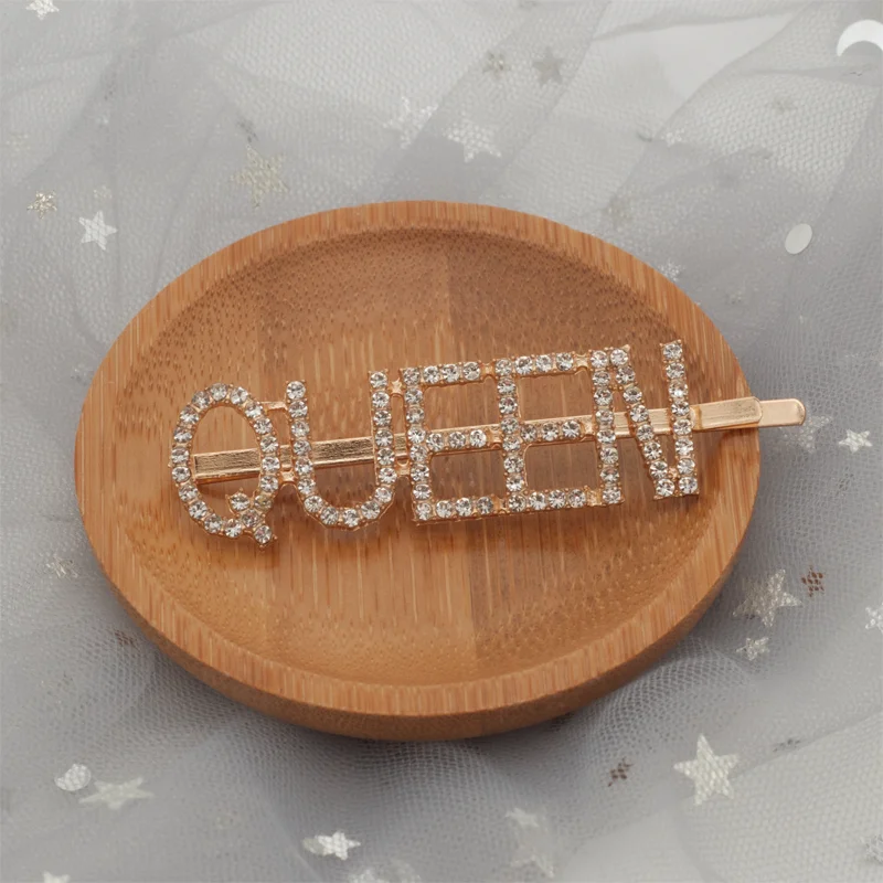  Индивидуальный дизайн металлического сплава буквами из горного хрусталя заколки для волос цвета: золотистый серебристый Queen с украшением в виде кристаллов женщин заколка