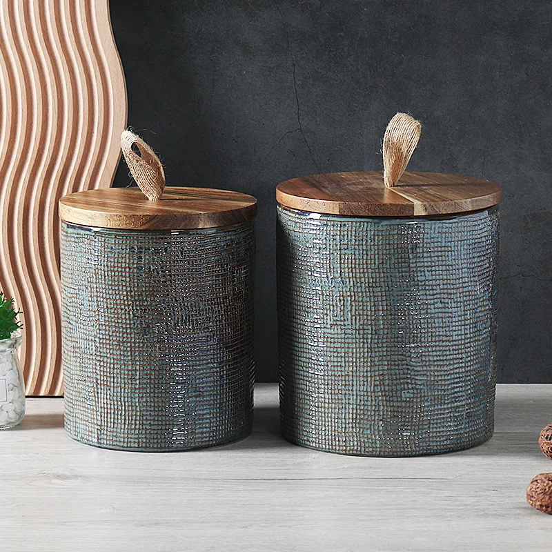 Custom Kitchen Organizer Jars Food Canisters Vintage Embossed Reactive Glazed Ceramic Sugar Tea Coffee Storage Jar