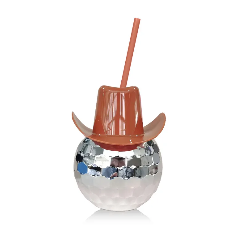 20oz 600ml Glitter Mirror Led Party Cowgirl Silver Custom Logo Plastic Disco Ball Drinking Cups Cup with Straws Cowboy Hat