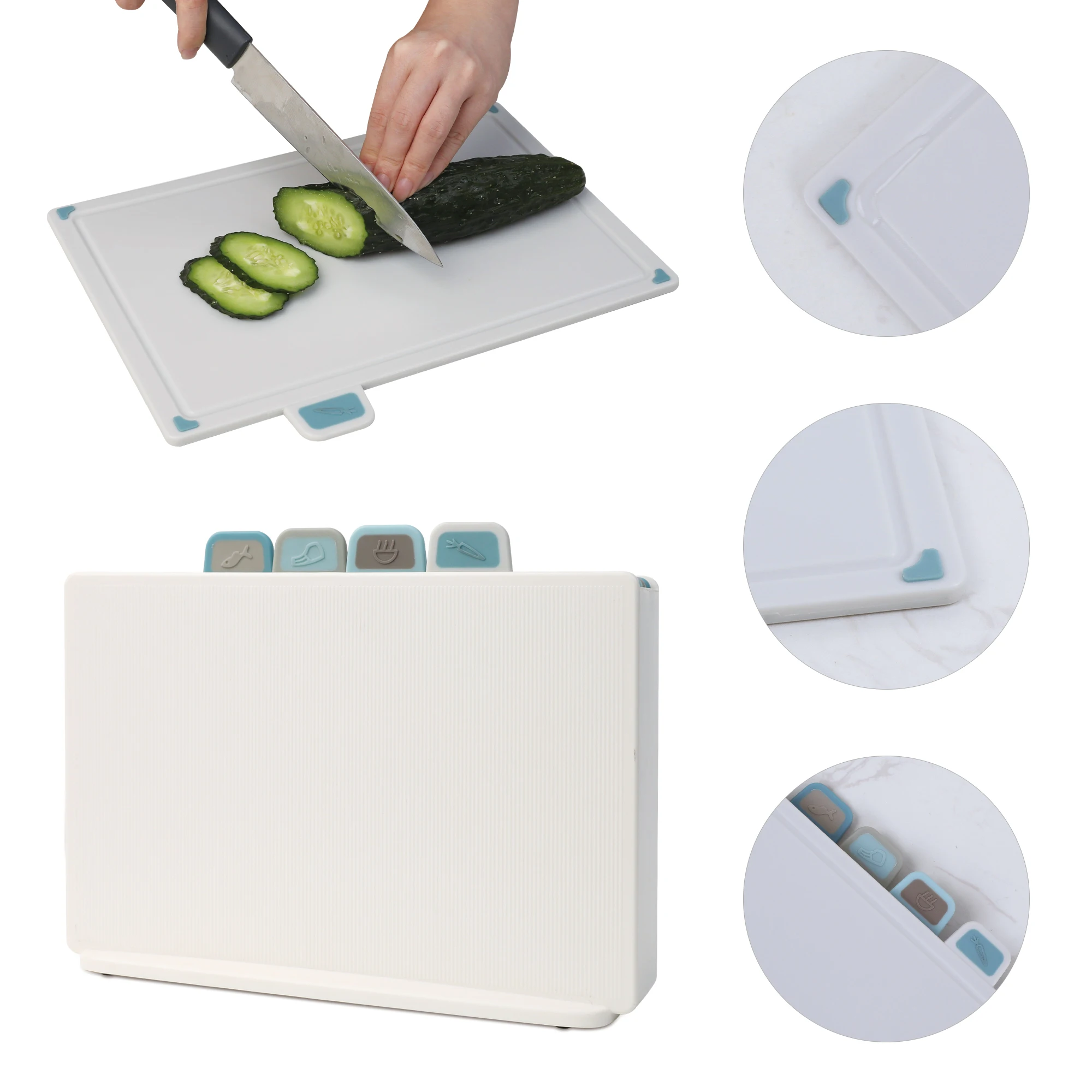 Multifunctional Vegetable Meat Board 4 In 1 Chopping Board with Food Icons Bpa Free Plastic Cutting Board Set with Holder