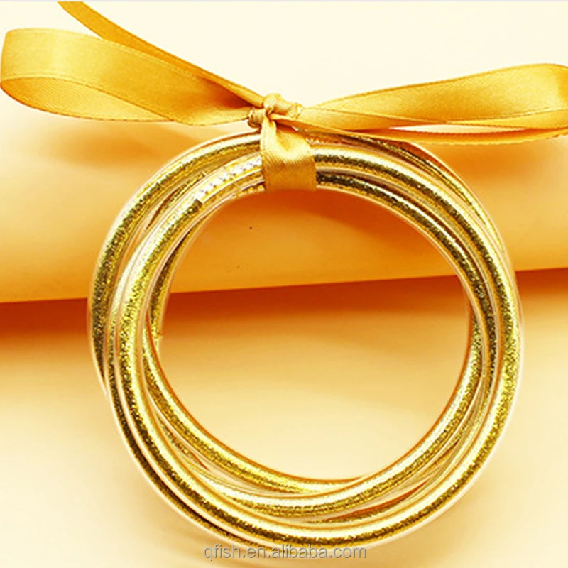 5 Pieces Sets Silicone Plastic Bling Stackable Multilayer Wristband Bangle Glitter Filled Jelly Bangle Bracelets