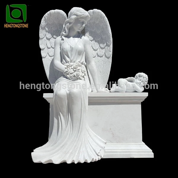 Cemetery Hand Carved White Marble Sitting Angel Tombstone Gravestone