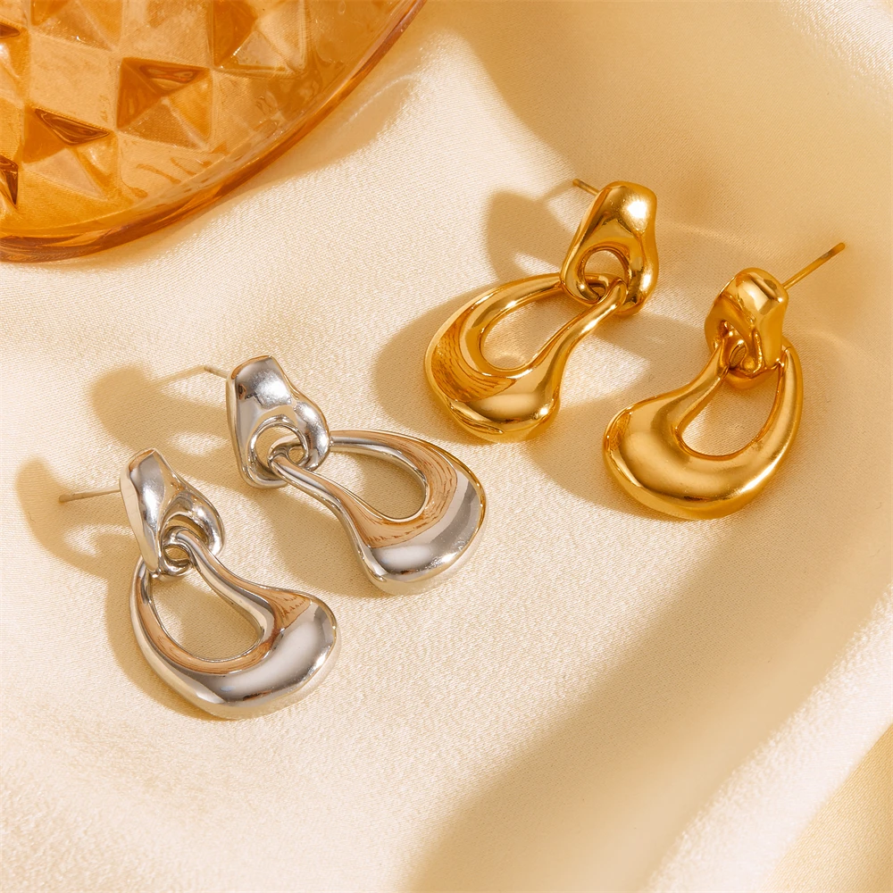 2024 Vintage Style Stainless Steel 18K Gold-Plated Double Ring Earrings for Women with Irregular Shape and Bezel Setting