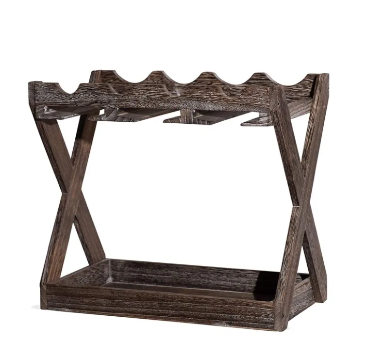 Burned Color Wooden Table Organizer Wood 4 Bottle Holder Wine Cup Rack Wine Organizer