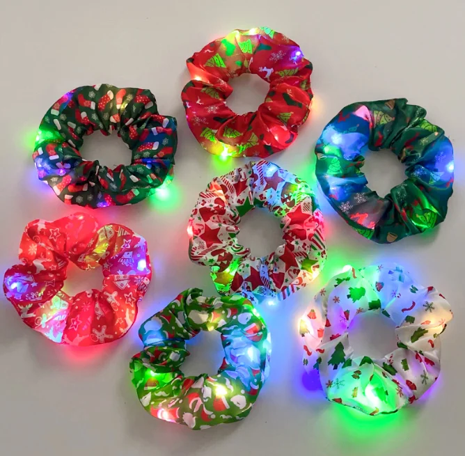 Women Satin Led Flashing Scrunchies Elastic Girls Light Up Hairband Glow Hair Tie For Party Hair Accessories