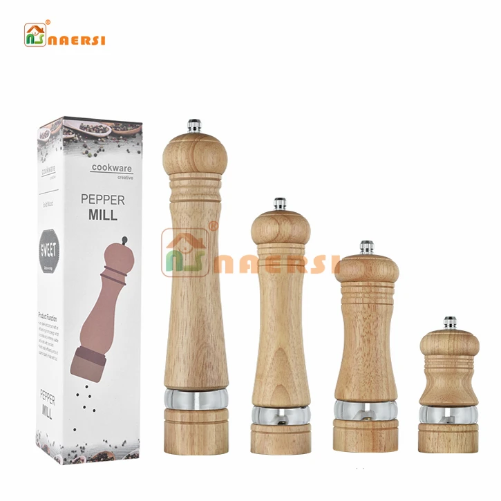 Premium 6 8 10inch oak Wood Manual Spice grinder Salt Pepper Mills sets with Acrylic visible window for home kitchen