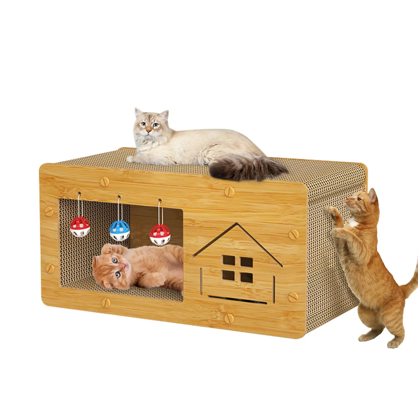 Large Space Cat Scratcher House Wooden Cat Condo With Scratch Pad And Bell Cardboard Cat House