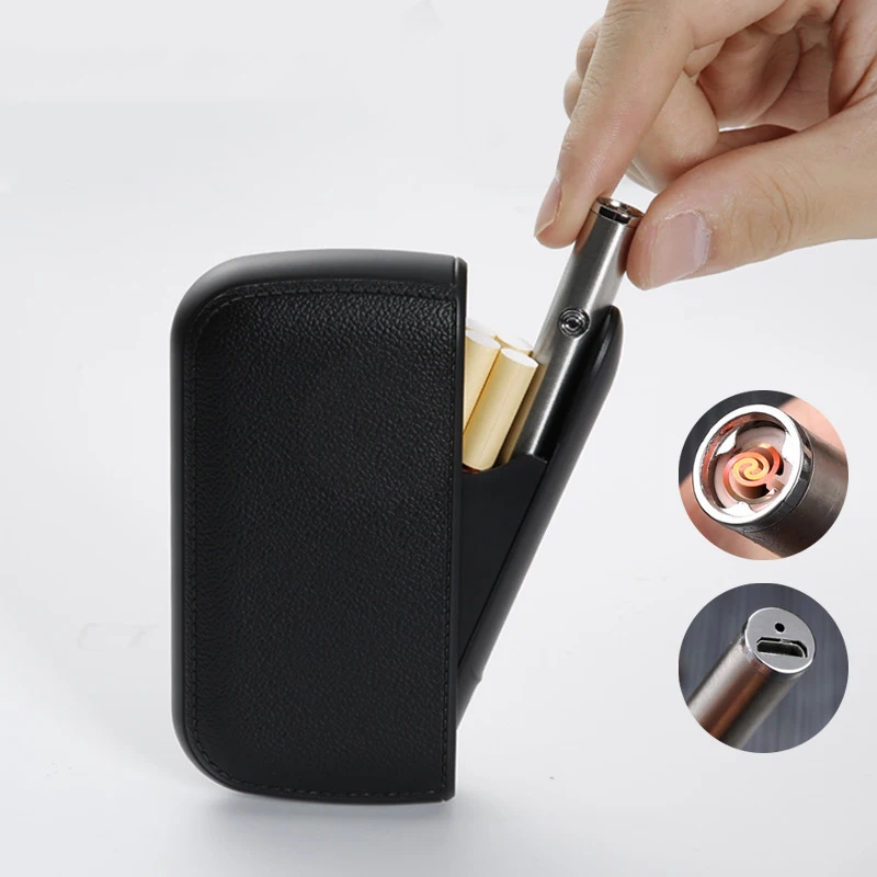 Wholesale Simple Style Portable Leather Cigarette Box with Lighter Function Capacity 20 PCS Solid Color Series Cigarette Case