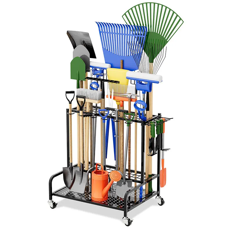 Heavy Duty Garden Tool Organizer Rack with wheel Outdoor Storage cart to 35 Long-Handled Rakes Brooms Stand for Garage Yard Shed