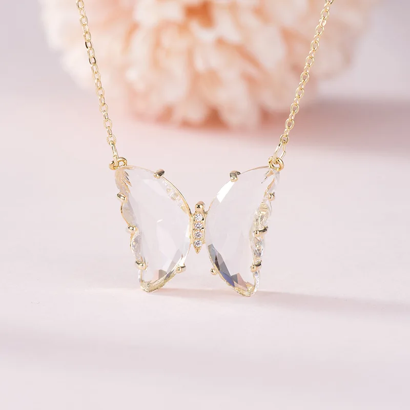 2020 INS Hot Colorful New Creative Real Gold Plated Green Glass Butterfly Necklace Clear Crystal Butterfly Necklace For Women Gi