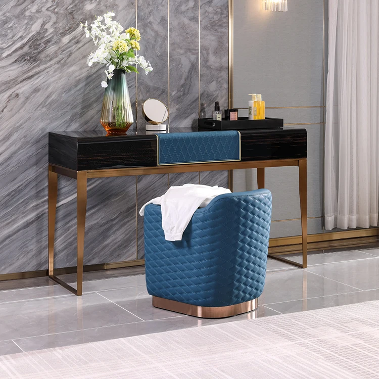 Modern Wood Top Inlaid Leather Makeup classic Bedroom Dressers With stainless steel leg