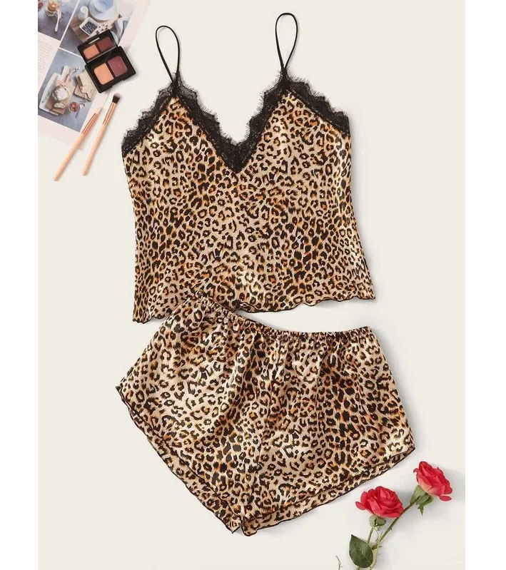 Leopard Lingerie Set Thin Nighties Pant Vest Sexy Sleeping Wear 2 Pieces Pajama Set