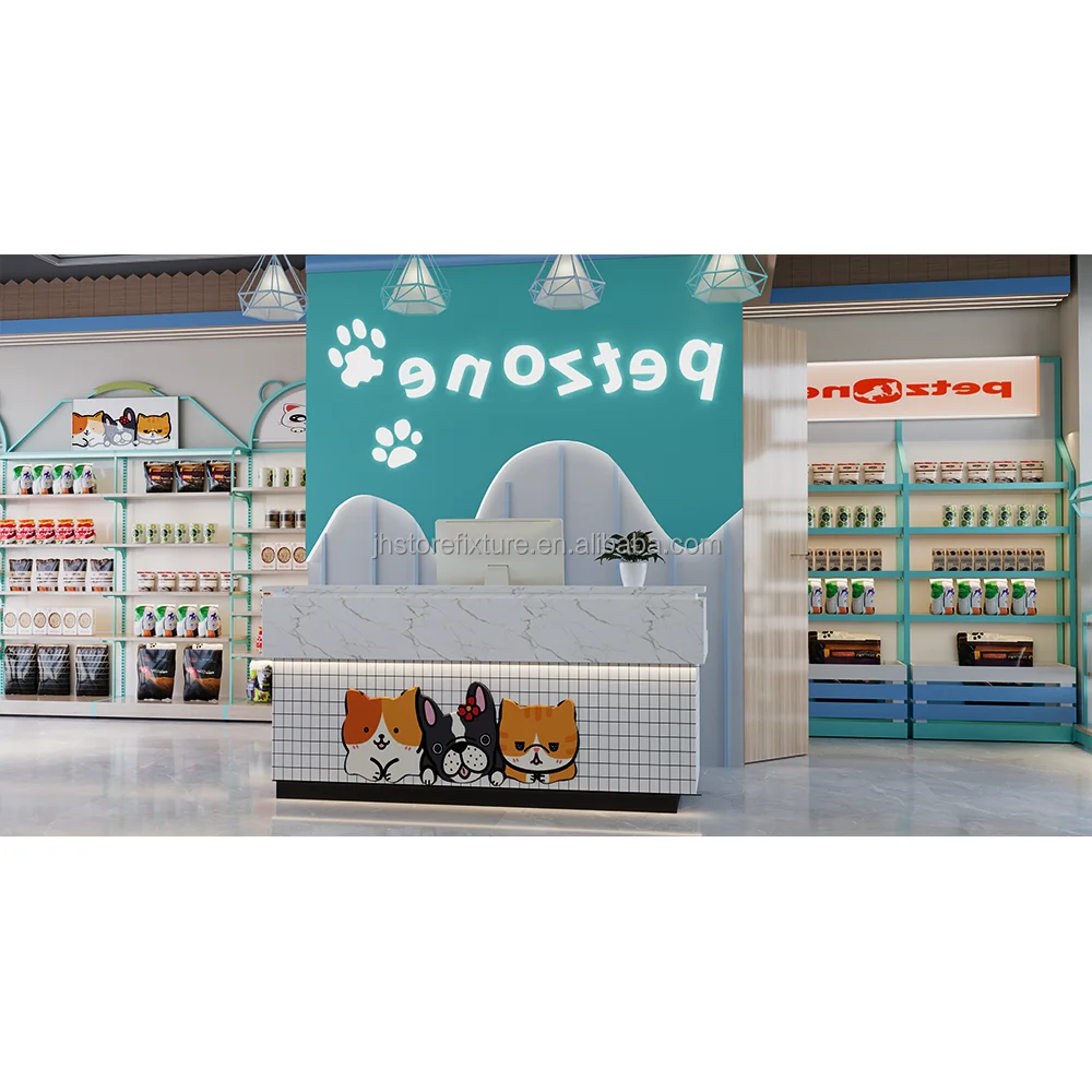 Pet supply store interior design wall shelves display products custom logo display rack for pet store