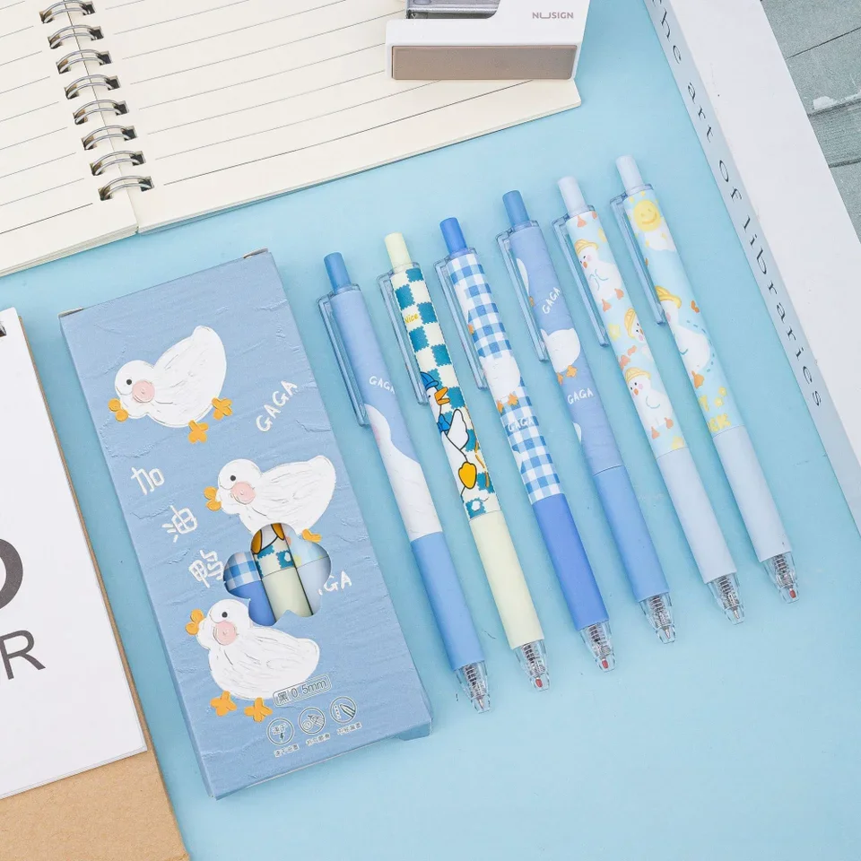 6pcs/set 0.5mm Cute Duck Gel Pens - Fine Writing Instruments with ST Nib, Black Ink, Press Pen Function Aesthetic Stationery