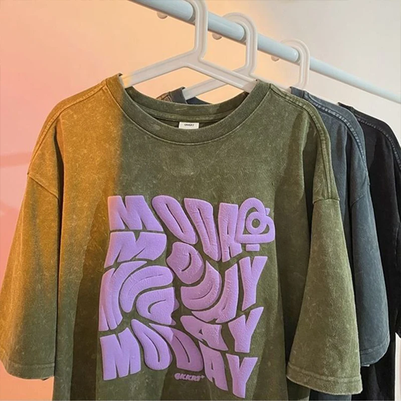 Wholesale custom 3d puff print t shirt manufacturer box fit vintage acid wash distressed oversized drop shoulder t shirt