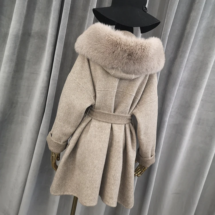 100% Cashmere Coat Women with Belt Real Fox Fur Trim Double Faced Wool Coat