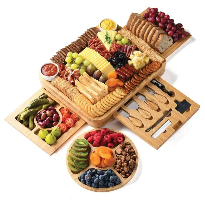 Bamboo Charcuterie Boards with Knives with Platter Bamboo Charcuterie Board and Wine Holder for Food Meat Serving Tray