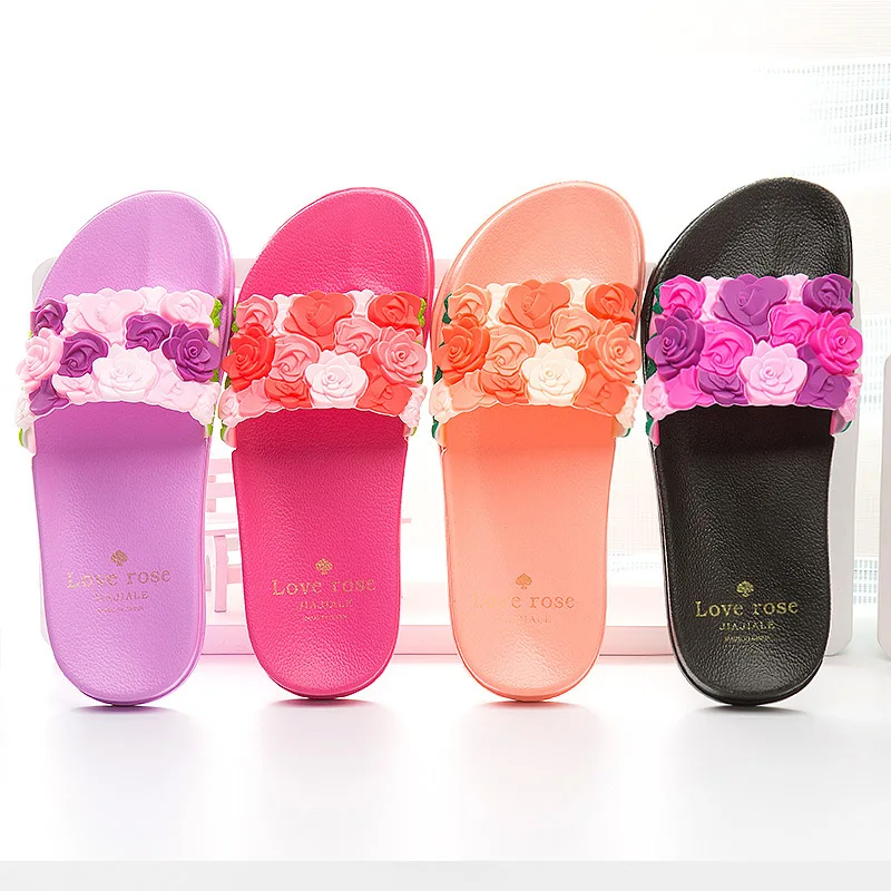 Beautiful Rose Flowers Slippers For Women Fashion Summer Plastic Outdoor Beach Female Slide Flat Slippers Shoes Wholesale