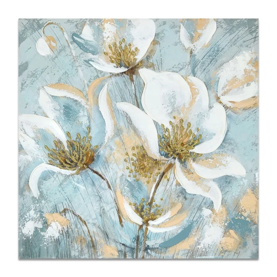 Modern Simple Original Glorious Blooms Light Blue Flower Hand-painted Texture Thick Oil Abstract Living Room  Wall Art