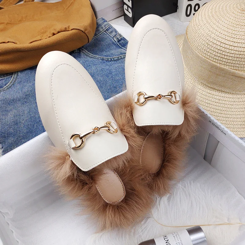 2024 Large Size Women Plush Loafers Flat Shoes Ladies Babouches Fashion Outdoor Half Slippers Comfy Autumn Winter Muller Shoes