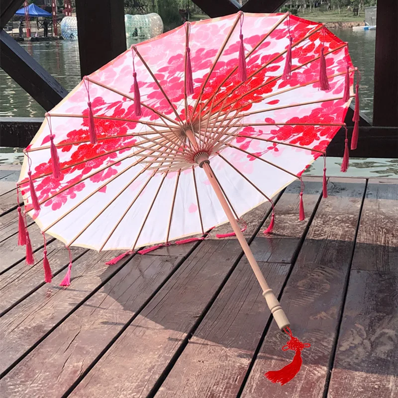 Wholesale Chinese Traditional Romantic Oil Paper Umbrella With Tassels Cherry Blossom Parasols