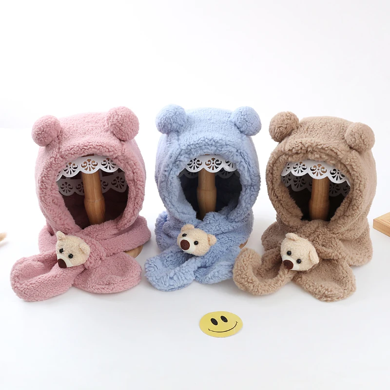 3pcs baby hat hat and scarf all-in-one bear winter warmth cute hats for men and women