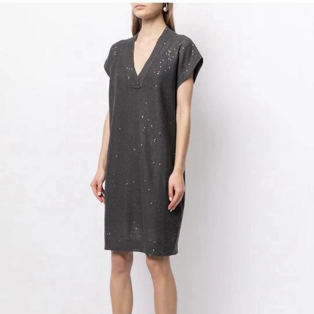 Однотонный комплект из двух предметов длиной до колен, Повседневное платье для офиса, элегантное вязаное шелковое льняное платье с V-образным вырезом, минималистский стиль