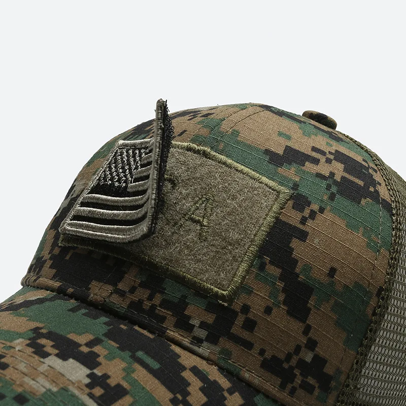 Custom High Quality 6 Panel Flag Removable Hook and Loop Adult Fitted Unstructured Embroidery Patch Trucker Camo Tactical Hats